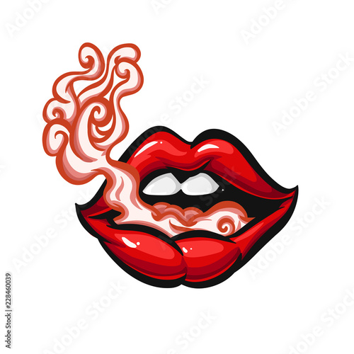 Smoke coming from mouth. Woman with bright red lips.