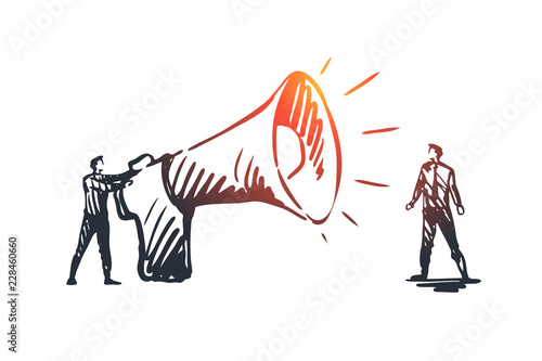 Communication, speaker, megaphone, announcement concept. Hand drawn isolated vector.