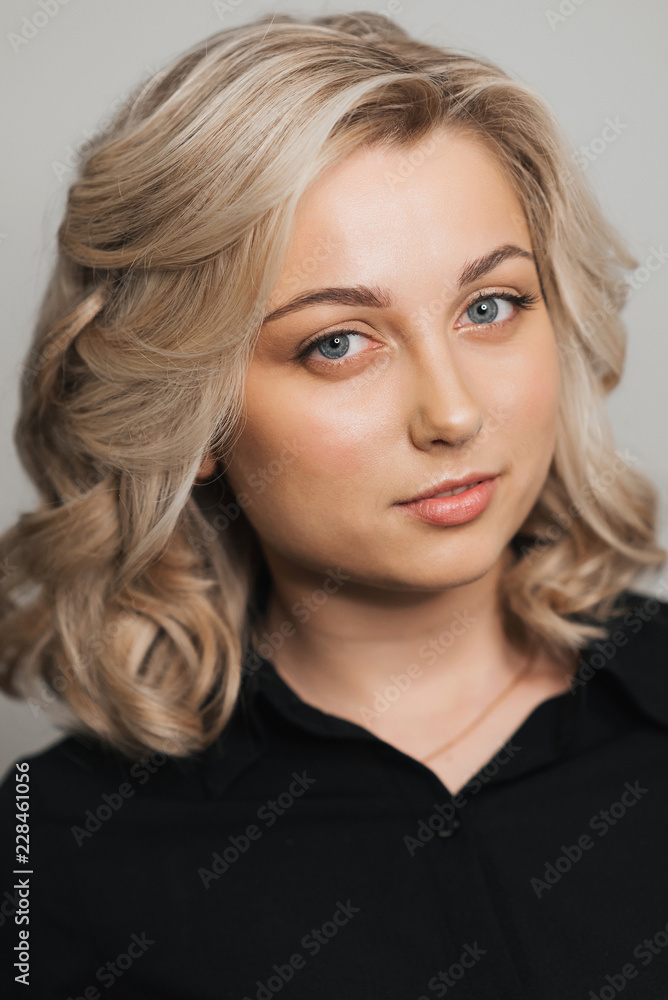 Portrait of young Caucasian blonde girl with Nude makeup with clean skin Portrait of young Caucasian blonde girl with Nude makeup with clean skin
