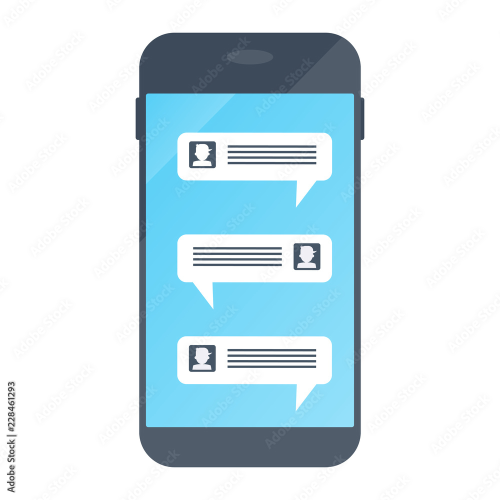 Chat in smartphone. Virtual chat, online conversations using mobile gadgets. Flat vector illustration. Objects isolated on white background. Chat in smartphone. Virtual chat, online conversations using mobile gadgets. Flat vector illustration. Objects isolated on white background.
