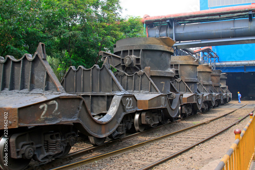 Transport molten iron crucible vehicle in the steel mills, closeup of photo