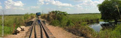 Fotografie Carriers cross bridge along abandoned railroad, Katanga, Congo