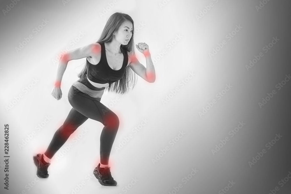 The girl runs on a gray background. illustration of injuries, intense workout