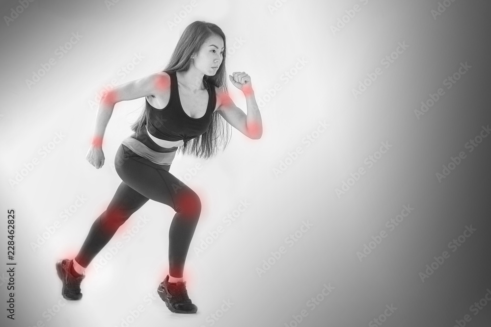 The girl runs on a gray background. illustration of injuries, intense workout The girl runs on a gray background. illustration of injuries, intense workout
