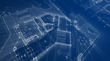 Architecture design: blueprint plan - illustration of a plan modern residential building / technology, industry, business concept illustration: real estate, building, construction, architecture