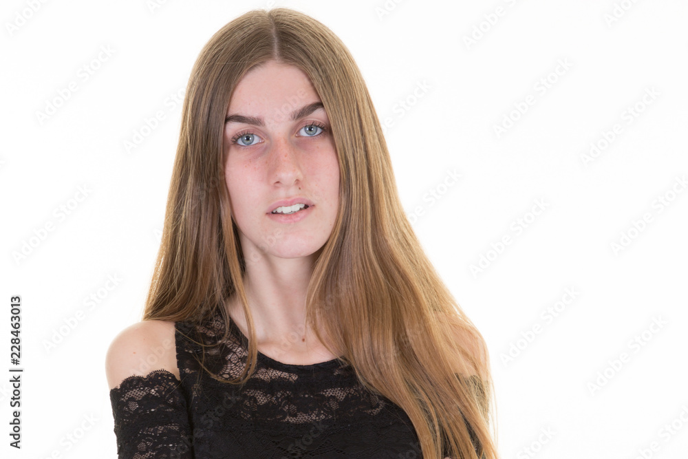 cheerful portrait young woman on white background cheerful portrait young woman on white background