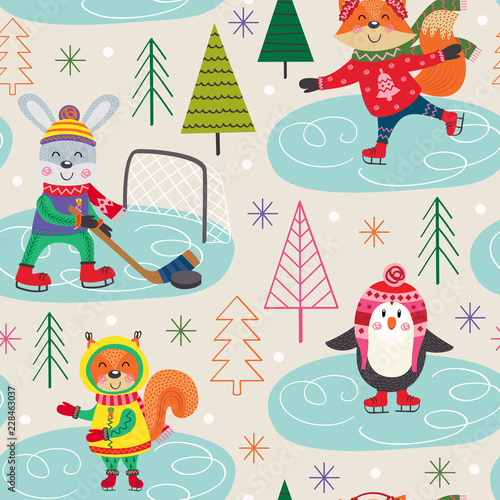 seamless pattern winter fun with animals on skating - vector illustration, eps