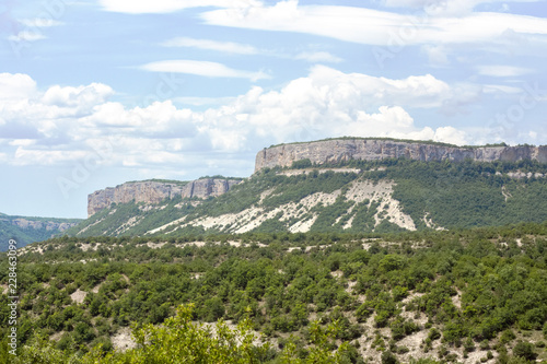 Low mountains surrounded by green bushes