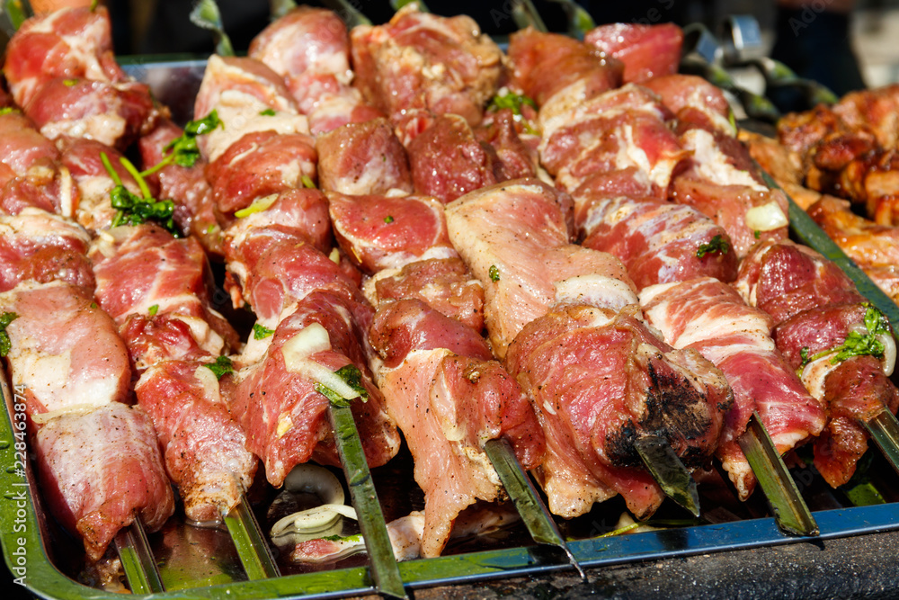 Raw shish kebab on skewers ready for cooking on grill