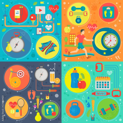 Healthy lifestyle flat color templates set. Vector healthy food, sport and fitness concept background for flyear, magazines, posters, book cover, banner.