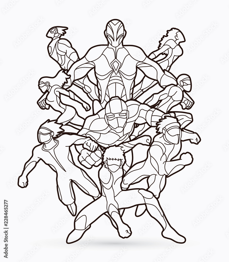 Group of Superhero action graphic vector.