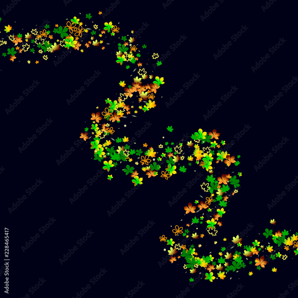 Colored autumn flying leaves on a black background The idea of modern background, wallpaper, packaging, cover, tile, textiles
