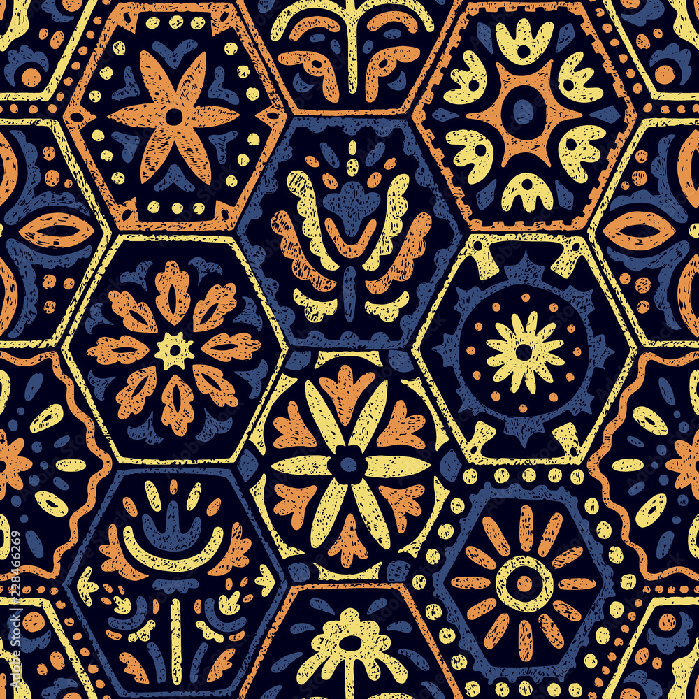 Seamless vintage pattern in patchwork style. Ethnic and tribal motifs. Handwork.