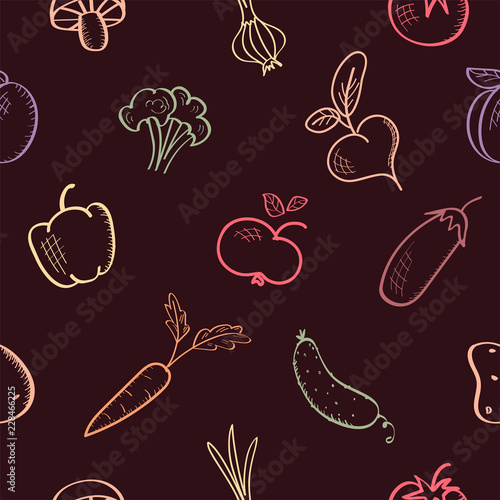 Seamless pattern with fruits and vegetables. Harvest theme. Vector background, sketch illustration with food. Autumn, fall season. Wallpaper.