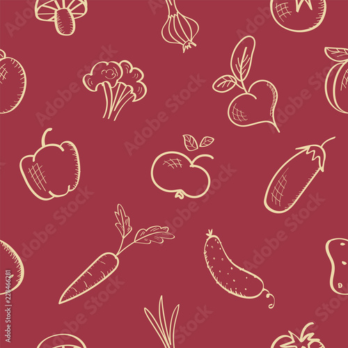 Seamless pattern with fruits and vegetables. Harvest theme. Vector background, sketch illustration with food. Autumn, fall season. Wallpaper.