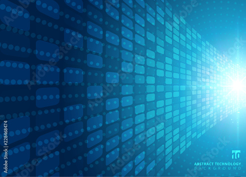 Abstract technology concept with blue neon radial light burst effect blue squares pattern futuristic perspective background
