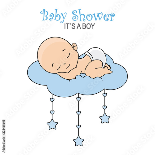 baby shower boy. baby boy sleeping on the cloud.