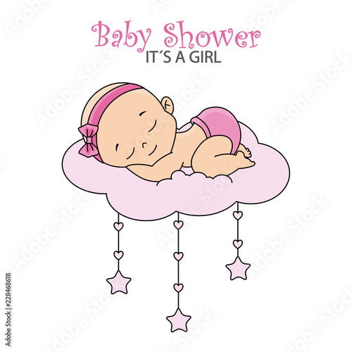 baby shower pink. baby boy sleeping on the cloud.