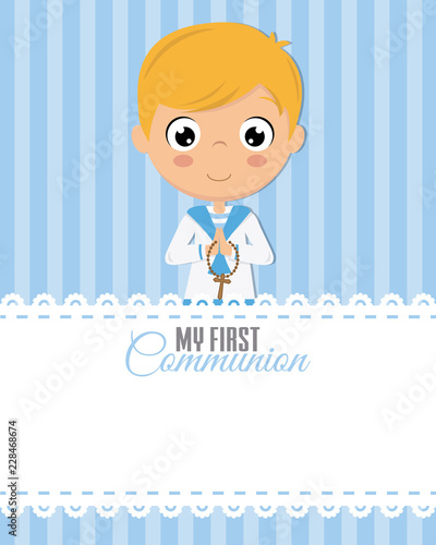 my first communion boy. Child praying. Spec for text