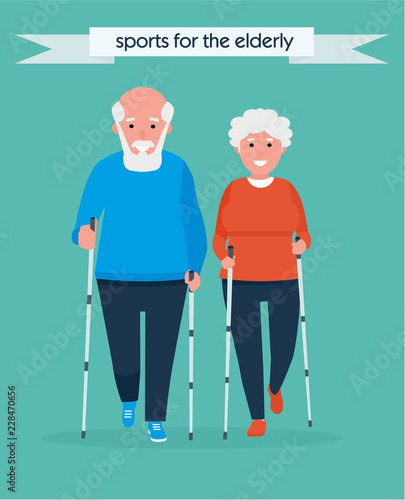Old people sport activities. Happy Senior Couple making nordic walking In the Park. Vector illustration. Healthy lifestyle concept. Active sport concept. Cartoon flat style illustration