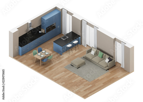 Modern house interior. Blue Kitchen. Orthogonal projection. View from above. 3D rendering.