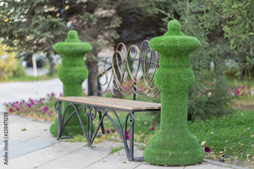 Decoration in the form of large green chess pieces