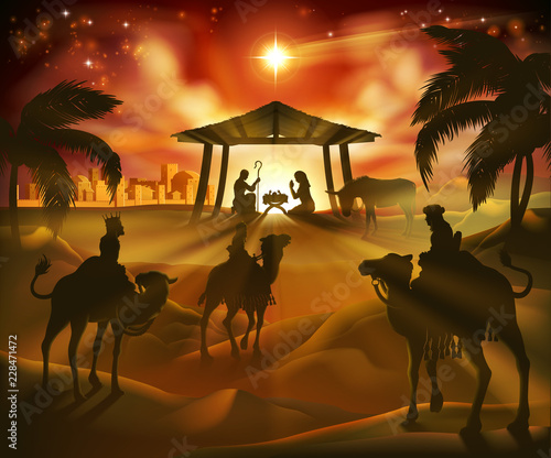 Christmas nativity scene, baby Jesus, Mary and Joseph in manger. Bethlehem in background. 3 Wise Men riding camels in silhouette to pay homage. The star above stable. Christian religious illustration.