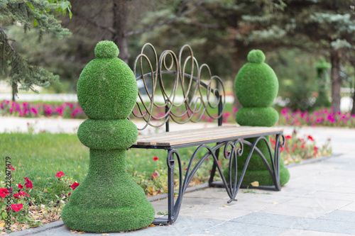 Decoration in the form of large green chess pieces