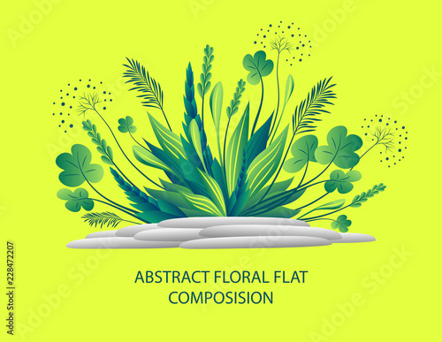 Abstract floral flat composition with plant and stones in green colors or  ikebana  for greeting  card or for wallpaper or for banner  flyer book covers or website on ecological  or botanic themes