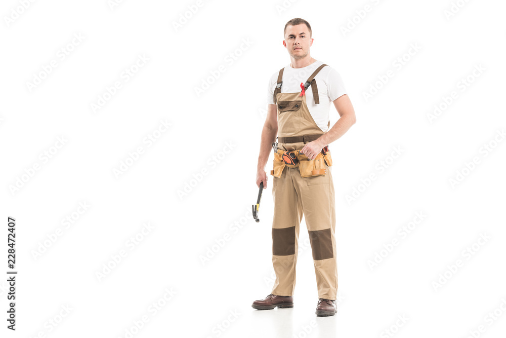 attractive adult builder with aids awareness red ribbon on overall isolated on white attractive adult builder with aids awareness red ribbon on overall isolated on white
