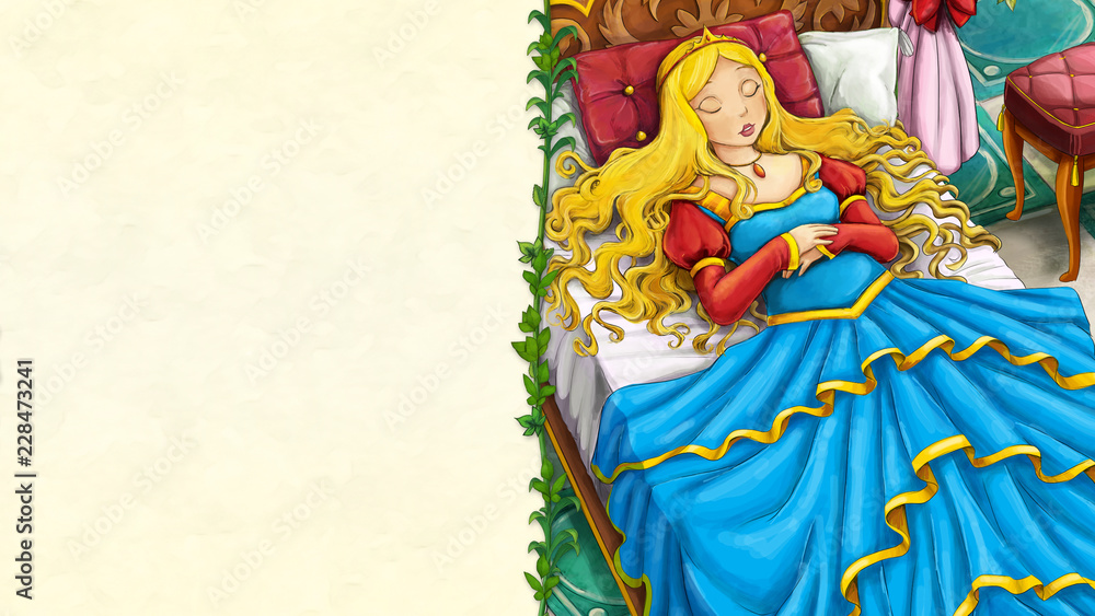 cartoon fairy tale scene with space for text - beautiful young girl princess or queen looking - illustration for children