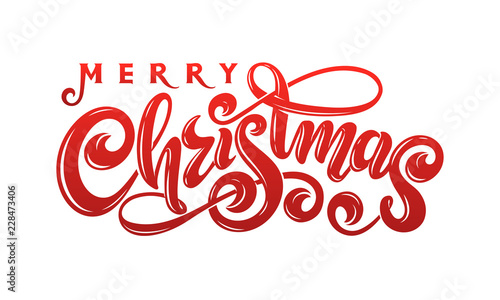 Vector Merry Christmas Calligraphic Inscription handwritten decorated lettering red text. Holidays design greeting card