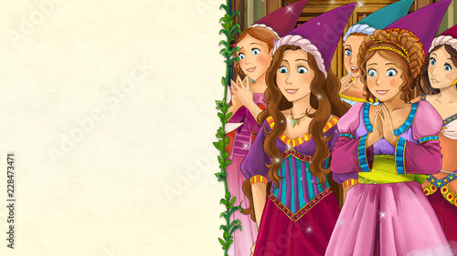 cartoon fairy tale scene with space for text - beautiful young girl princess or queen looking - illustration for children © honeyflavour