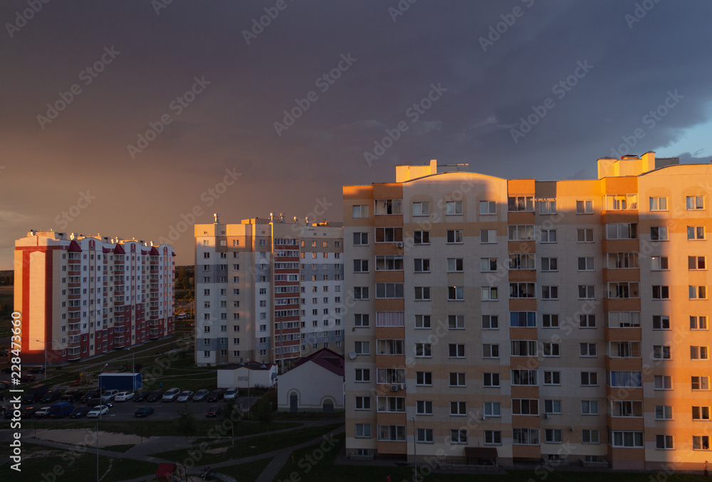 high-rise buildings at sunset