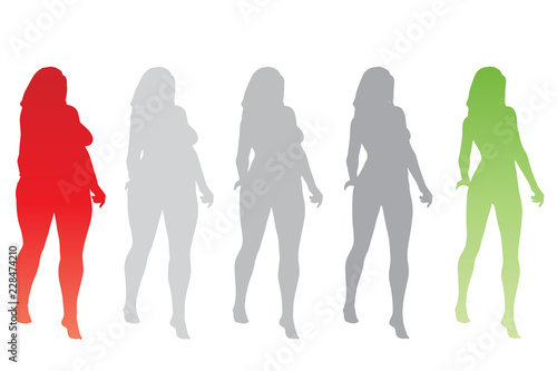 Conceptual fat overweight obese female vs slim fit healthy body after weight loss or diet with muscles thin young woman isolated. Fitness  nutrition or fatness obesity  health silhouette shape