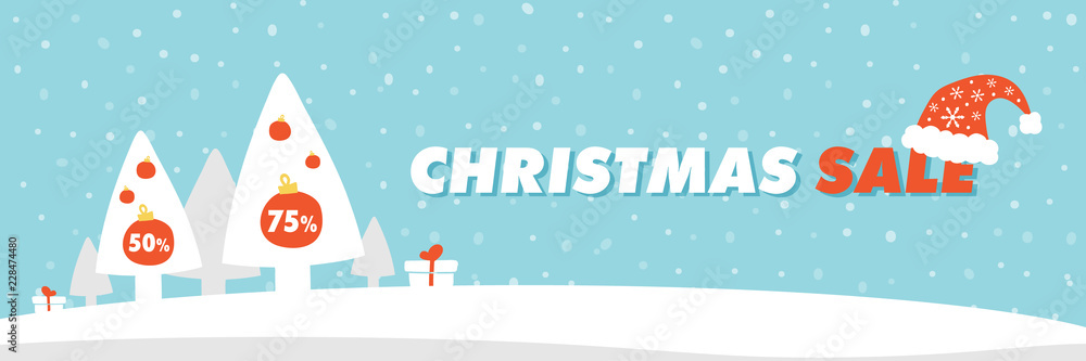 Cute cartoon vector horizontal banner with winter landscape, trees and gifts, header for christmas and new year holidays. Template for sale and special offers design.
