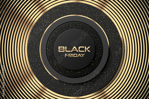 Black Friday sale poster or banner. Commercial discount event golden banner. Black abstract background with stepped rings geometric shapes pattern. Vector business illustration. Ads sign.
