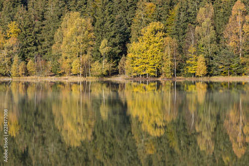 Fototapeta Naklejka Na Ścianę i Meble -  Autumn landscape of the colorful forest, at the mountain lake edge, with beautiful reflexions