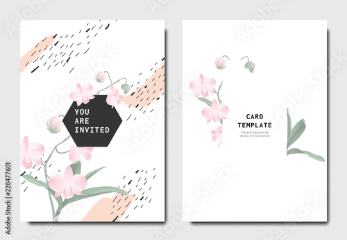 Fototapeta Naklejka Na Ścianę i Meble -  Botanical invitation card template design, pink Dendrobium orchid flowers with hand drawn doodle graphics on white background, minimalist vintage style