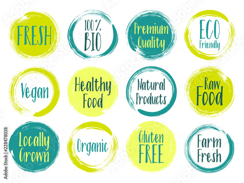 Vector organic labels, bio emblems for restaurants menu, natural products packaging. Fresh, raw food, vegan, gluten free, eco friendly, premium quality, locally grown, bio organic healthy food labels.