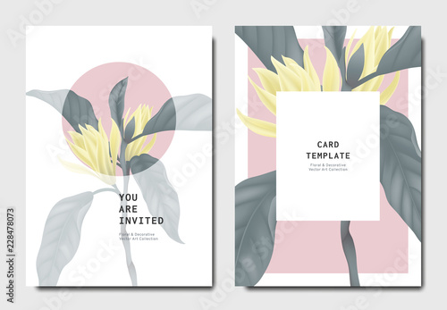 Fototapeta Naklejka Na Ścianę i Meble -  Botanical invitation card template design, white Champaka flowers with leaves on pink and white background, minimalist vintage style