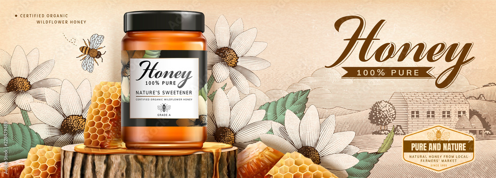 Natural honey skin care banner - obrazy, fototapety, plakaty 