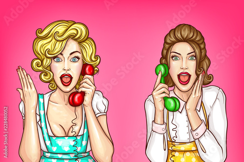 Vector pop art pretty women talk on the phone, excited housewives in apron, blouses. Beautiful girls gossip, shocked characters with open mouths isolated on pink background for ad poster, promo banner