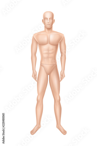 Vector 3d realistic male mannequin, full body of man. Human figure for training, athlete equipment isolated on white background. Naked doll, manikin for showcase of boutique, clothing store.
