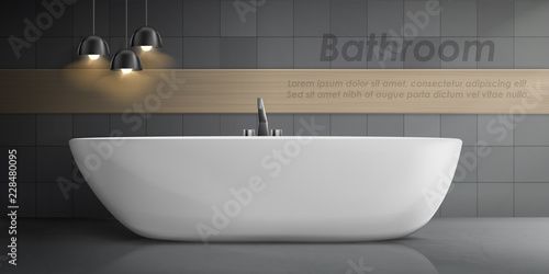 Vector realistic mockup of bathroom interior with big white ceramic bathtub, metal tap, tiled wall with lamps and clean floor. Luxury washroom, minimalist modern design, concept background