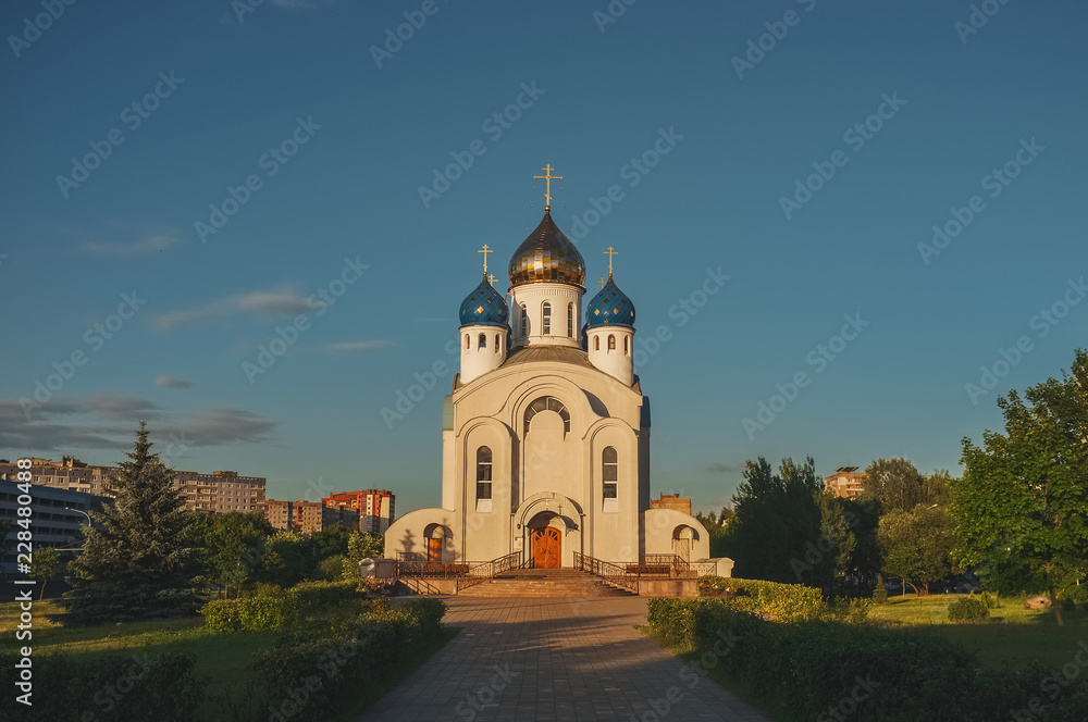 Orthodox Church in sunset lights, view of Parish of the Church of the Resurrection of Christ