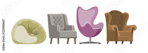 Chair vector comfortable furniture armchair and seat pouf design in furnished apartment interior illustration set of business office-chair or easy-chair isolated on white background