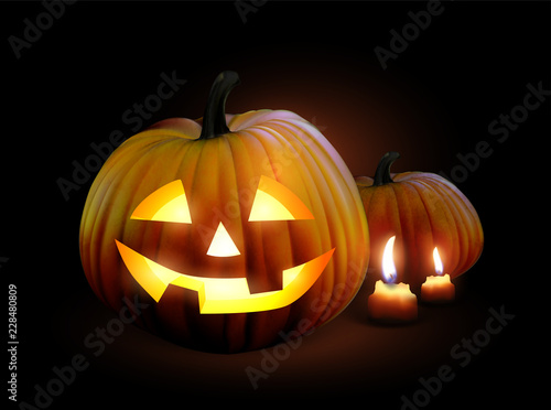 Halloween background with pumpkins and candles. High detailed realistic illustration