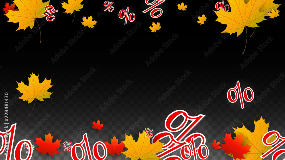 Vector Percentage Sign and Autumn Leaves Confetti on Transparent Background. Percent Sale Background. Business, Economics, Finance Print. Discount Illustration. Promotion poster. Black Friday Banner. 