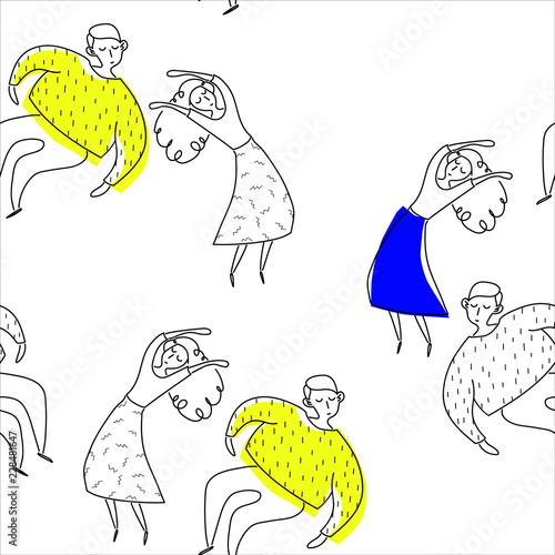 Seamless pattern with dancing woman in blue skirt and man in yellow sweater on white  background in simple style photo